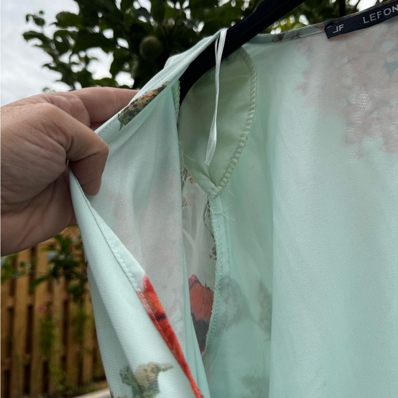 JF LEFON Mint Green Floral Long Sleeve Faux Wrap Belted Mini Dress, Sz L - Picture 13 of 16